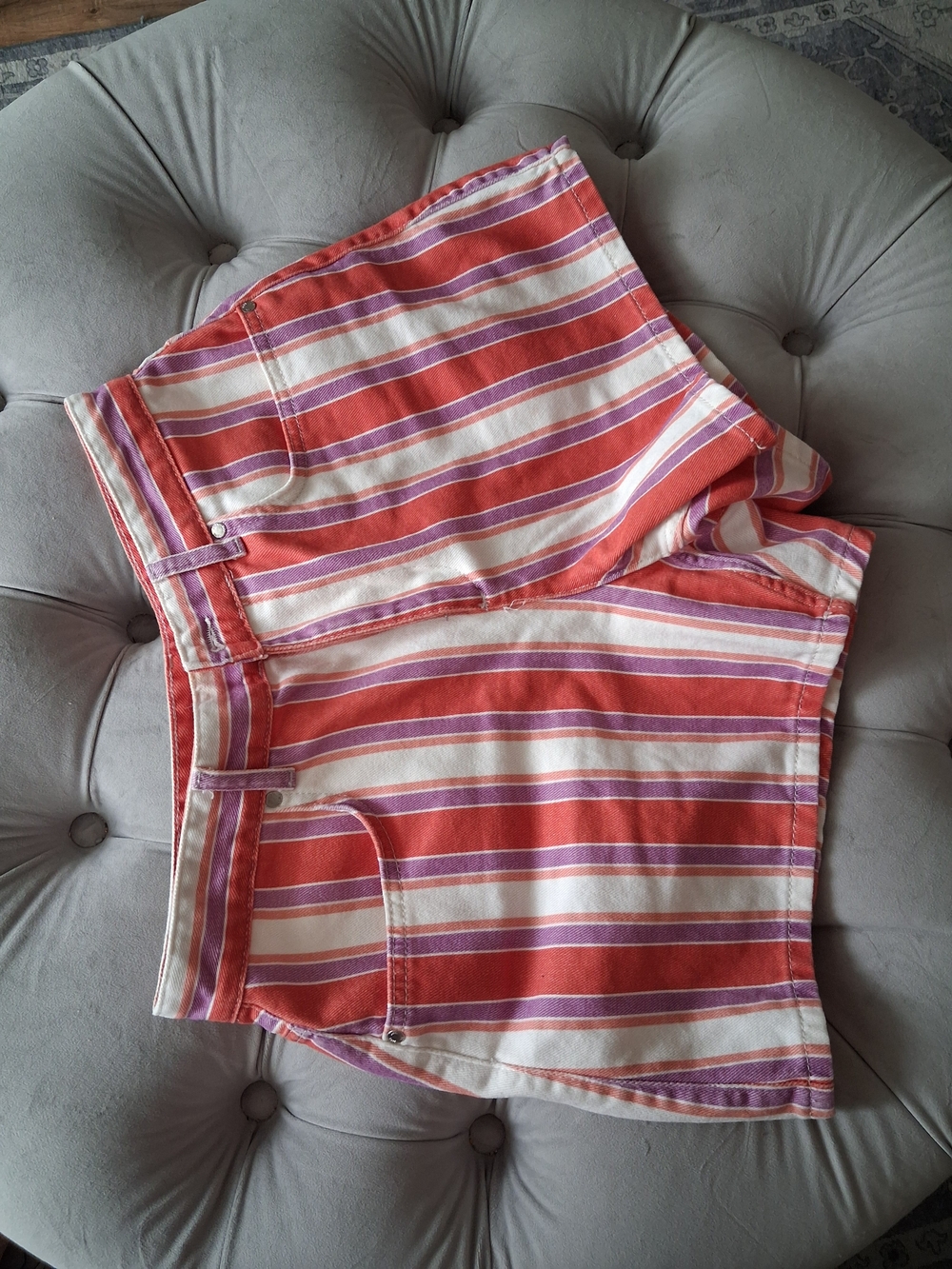 Zara Coral, Lavender and White Striped Denim Shorts Stretch